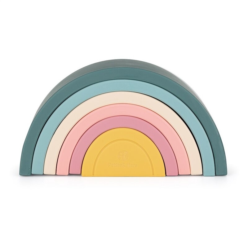 Jucarie pentru stivuire, curcubeu, 14x7.5x5 cm, silicon, fara BPA, 6 piese, 12 luni+, verde, Petite&Mars