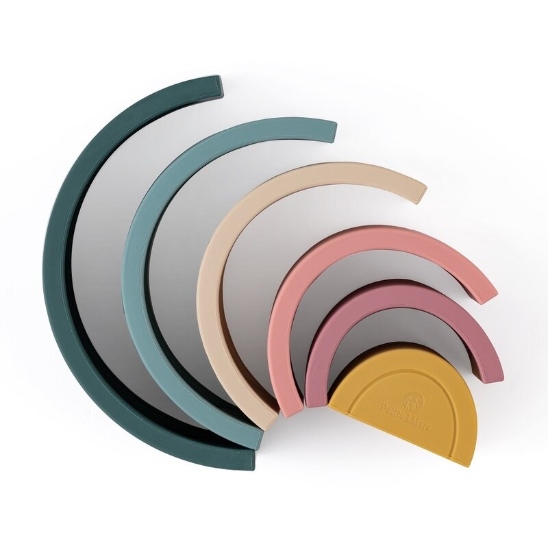 Jucarie pentru stivuire, curcubeu, 14x7.5x5 cm, silicon, fara BPA, 6 piese, 12 luni+, verde, Petite&Mars
