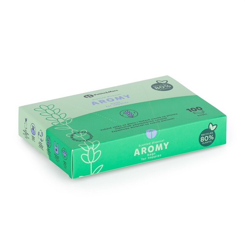 Petite&Mars - Saci parfumati pentru scutece, Aromy, Cu miros de lavanda, Rezistenti, Manere lungi, 100 bucati, Mov Petite&Mars - Saci parfumati pentru scutece, Aromy, Cu miros de lavanda, Rezistenti, Manere lungi, 100 bucati, Mov