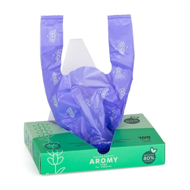 Petite&Mars - Saci parfumati pentru scutece, Aromy, Cu miros de lavanda, Rezistenti, Manere lungi, 100 bucati, Mov Petite&Mars - Saci parfumati pentru scutece, Aromy, Cu miros de lavanda, Rezistenti, Manere lungi, 100 bucati, Mov