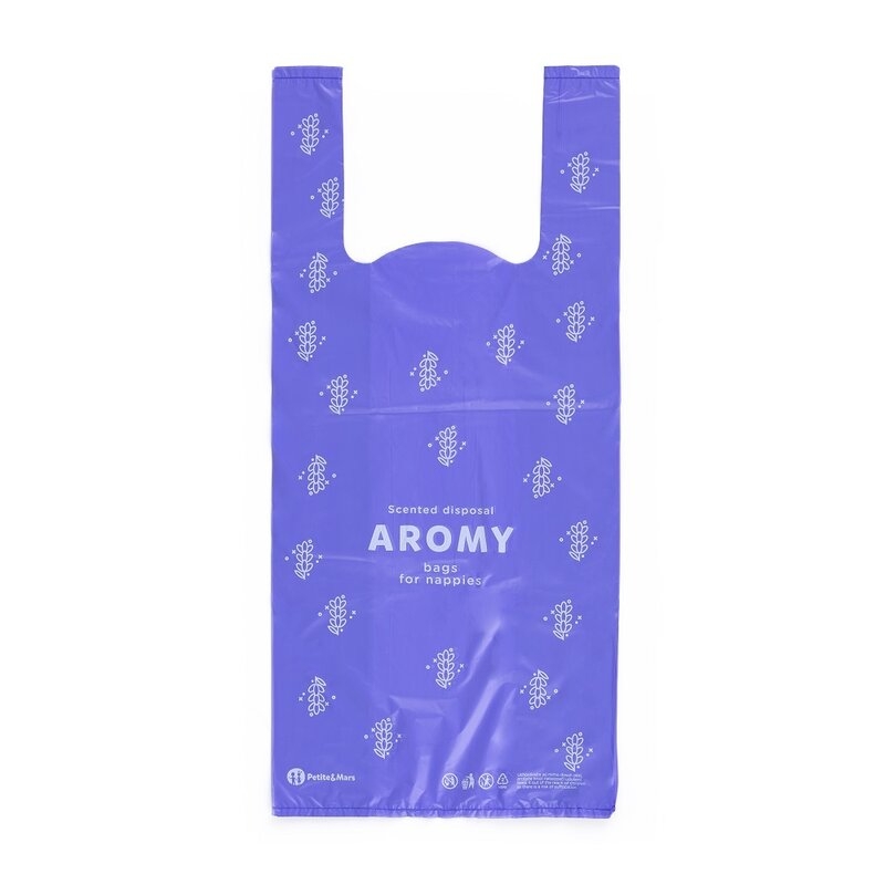 Petite&Mars - Saci parfumati pentru scutece, Aromy, Cu miros de lavanda, Rezistenti, Manere lungi, 100 bucati, Mov Petite&Mars - Saci parfumati pentru scutece, Aromy, Cu miros de lavanda, Rezistenti, Manere lungi, 100 bucati, Mov