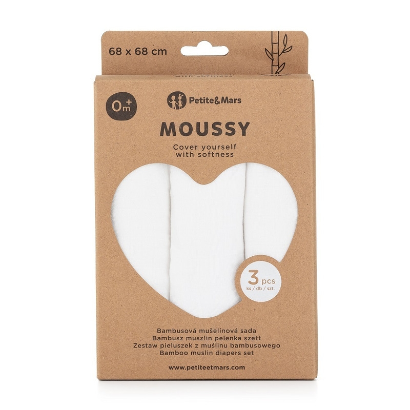 Petite&Mars - Set 3 scutece din muselina de bambus Moussy Total White, Hipoalergenice, 68 x 68 cm, Certificate Oeko Tex Standard 100, Alb Petite&Mars - Set 3 scutece din muselina de bambus Moussy Total White, Hipoalergenice, 68 x 68 cm, Certificate Oeko Tex Standard 100, Alb