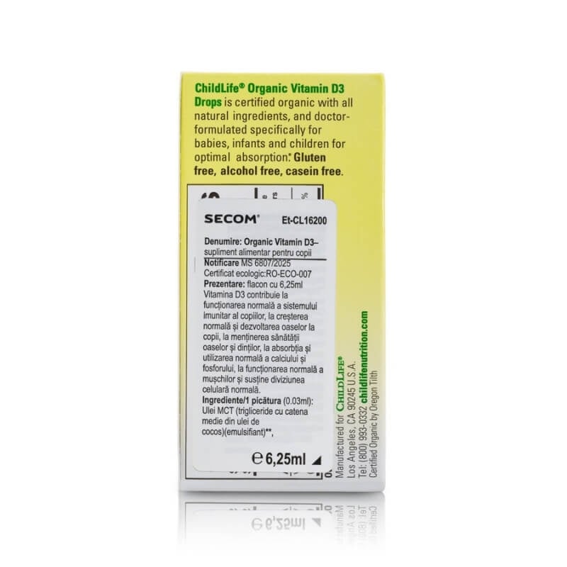 Vitamina D3 picaturi organice 400 UI Childlife Essentials, 6.25 ml, Secom