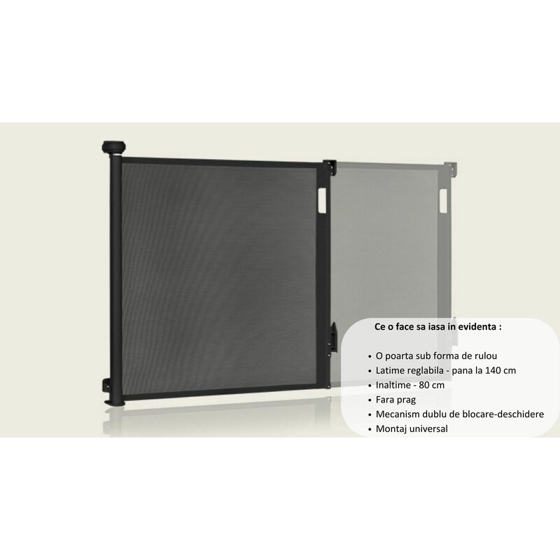 Poarta de siguranta, Lionelo, Thea, Cu suruburi, Textila, Retractabila, Mecanism dublu de blocare, Montaj universal, 80x140 cm, Conform cu standardul european de securitate EN1930, Negru Poarta de siguranta, Lionelo, Thea, Cu suruburi, Textila, Retractabila, Mecanism dublu de blocare, Montaj universal, 80x140 cm, Conform cu standardul european de securitate EN1930, Negru