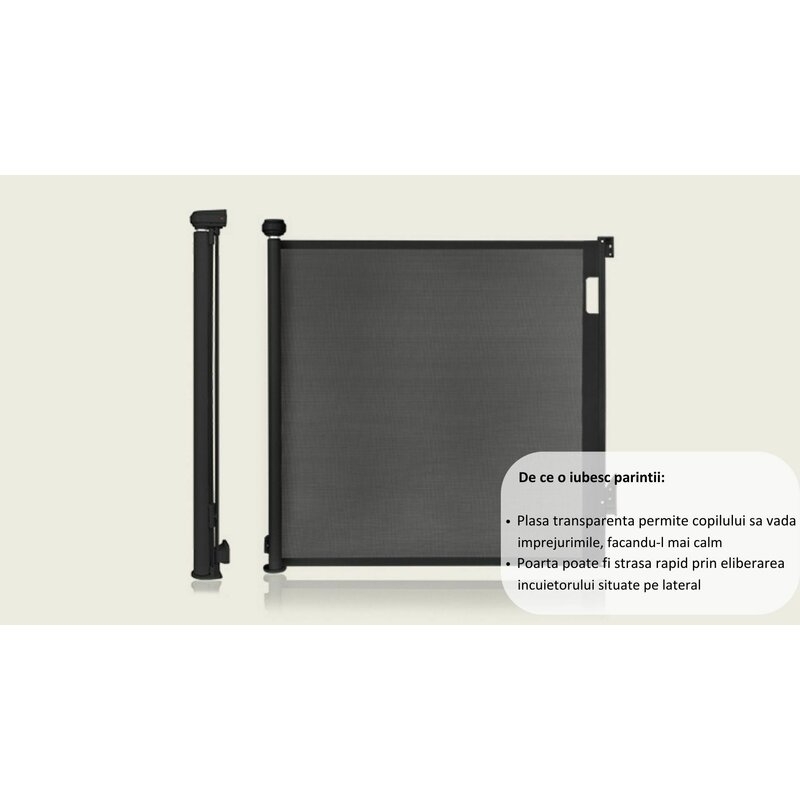 Poarta de siguranta, Lionelo, Thea, Cu suruburi, Textila, Retractabila, Mecanism dublu de blocare, Montaj universal, 80x140 cm, Conform cu standardul european de securitate EN1930, Negru Poarta de siguranta, Lionelo, Thea, Cu suruburi, Textila, Retractabila, Mecanism dublu de blocare, Montaj universal, 80x140 cm, Conform cu standardul european de securitate EN1930, Negru