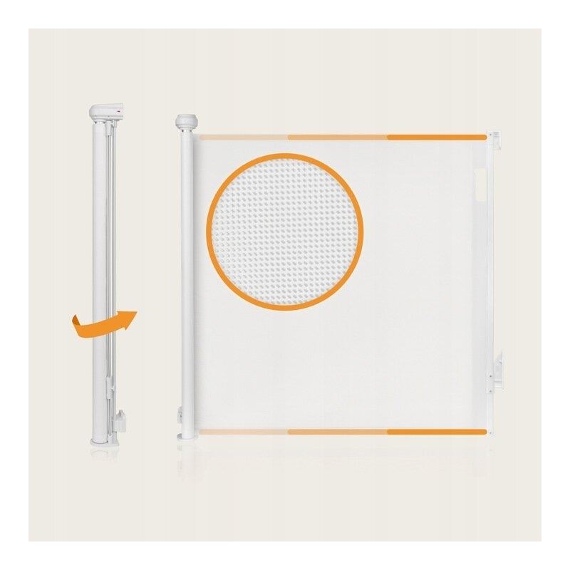 Poarta de siguranta, Lionelo, Thea, Textila, Ofera vizibilitate, Retractabila, Mecanism dublu de blocare, Montaj universal, 80x140 cm, Conform cu standardul european de securitate EN1930, Alb