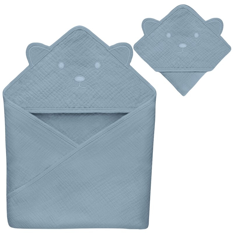 Prosop de baie, Lionelo, Cu gluga, Din muselina, 100% bumbac, 80x80 cm, Absorbtie eficienta, Albastru Prosop de baie, Lionelo, Cu gluga, Din muselina, 100% bumbac, 80x80 cm, Absorbtie eficienta, Albastru