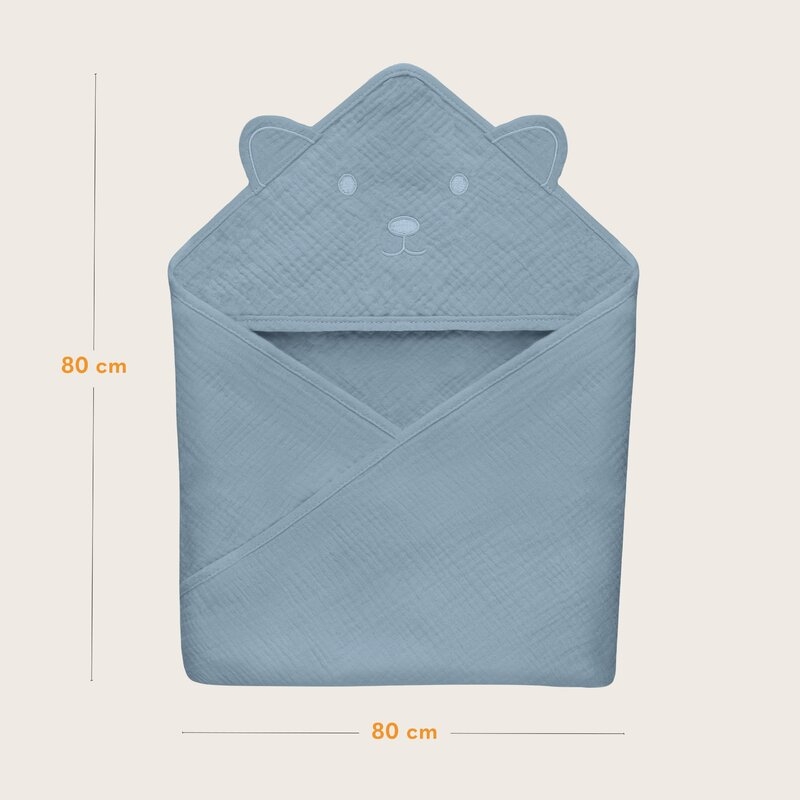 Prosop de baie, Lionelo, Cu gluga, Din muselina, 100% bumbac, 80x80 cm, Absorbtie eficienta, Albastru Prosop de baie, Lionelo, Cu gluga, Din muselina, 100% bumbac, 80x80 cm, Absorbtie eficienta, Albastru
