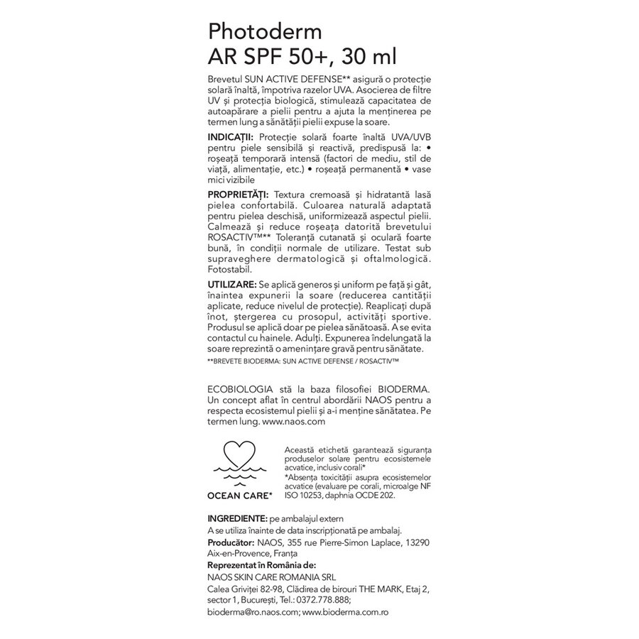 Crema anti-roseata SPF 50+ Photoderm AR, 30 ml, Bioderma