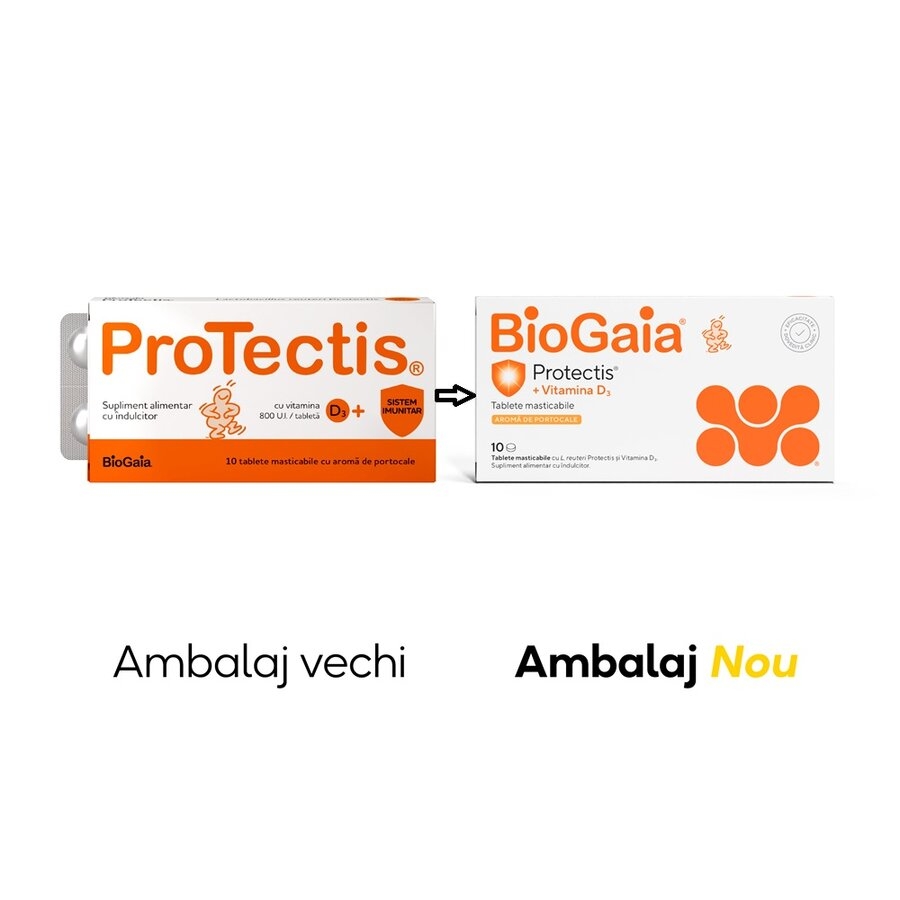 Protectis cu vitamina D3 800 UI cu aroma de portocale, 10 tablete masticabile, BioGaia