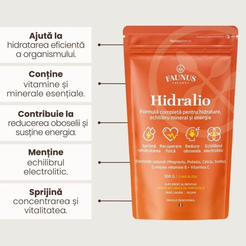 Pudra cu electroliti pentru hidratare si energie Hidralio, 300 g, Faunus Plant