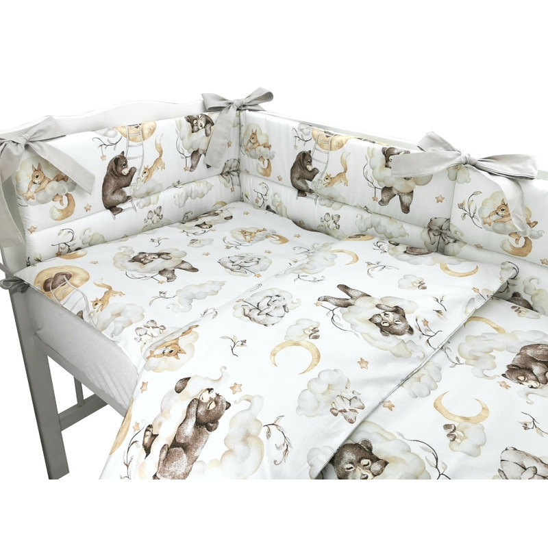 Lenjerie patut 3 piese, Cu protectie laterala, Din bumbac certificat Oeko Tex Standard 100, Pentru patut 140x70 cm, Teddy Bear and Friends Beige, Qmini Lenjerie patut 3 piese, Cu protectie laterala, Din bumbac certificat Oeko Tex Standard 100, Pentru patut 140x70 cm, Teddy Bear and Friends Beige, Qmini