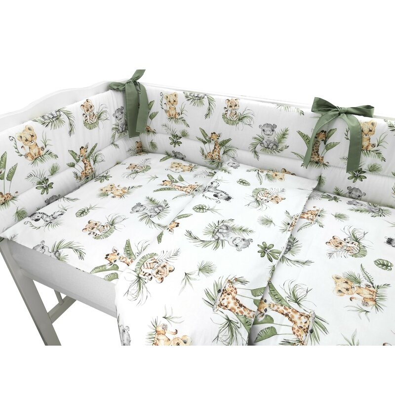 Lenjerie patut 3 piese, Cu protectie laterala, Din bumbac, Pentru patut, 140x70 cm, Safari, Qmini