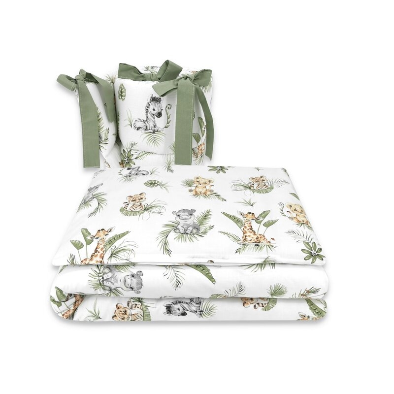 Lenjerie patut 3 piese, Cu protectie laterala, Din bumbac, Pentru patut, 140x70 cm, Safari, Qmini