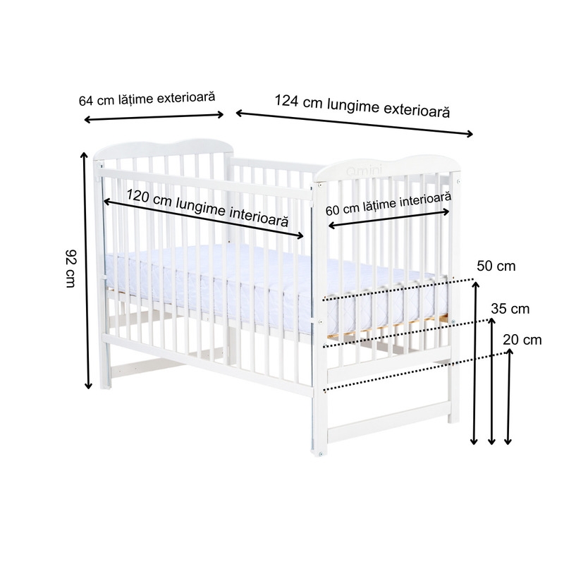 Qmini - Patut din lemn Agata120x60 cm, Cu laterala culisanta, Din lemn de pin, Stabil si rezistent, Inaltime saltea reglabila pe 3 nivele, Laterala cu 3 bete detasabile, EN716-1, EN716-2, Alb Qmini - Patut din lemn Agata120x60 cm, Cu laterala culisanta, Din lemn de pin, Stabil si rezistent, Inaltime saltea reglabila pe 3 nivele, Laterala cu 3 bete detasabile, EN716-1, EN716-2, Alb