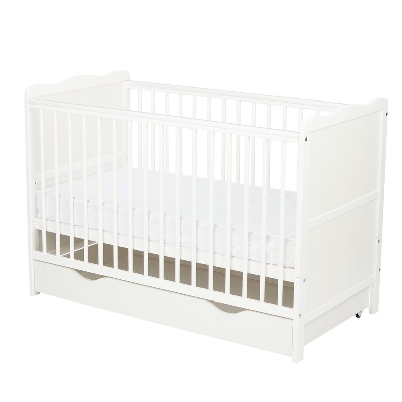 Qmini - Patut din lemn Julia 120x60 cm, multifunctional, cu sertar, Alb
