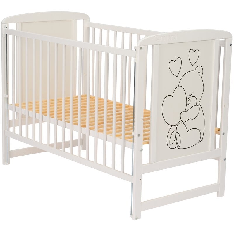 Qmini- Patut din lemn Timmi Heart 120x60 cm, Cu laterala culisanta, Din lemn de pin, MDF, Somiera reglabila, Alb Qmini- Patut din lemn Timmi Heart 120x60 cm, Cu laterala culisanta, Din lemn de pin, MDF, Somiera reglabila, Alb