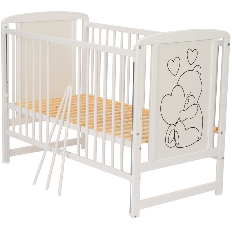 Qmini- Patut din lemn Timmi Heart 120x60 cm, Cu laterala culisanta, Din lemn de pin, MDF, Somiera reglabila, Alb Qmini- Patut din lemn Timmi Heart 120x60 cm, Cu laterala culisanta, Din lemn de pin, MDF, Somiera reglabila, Alb