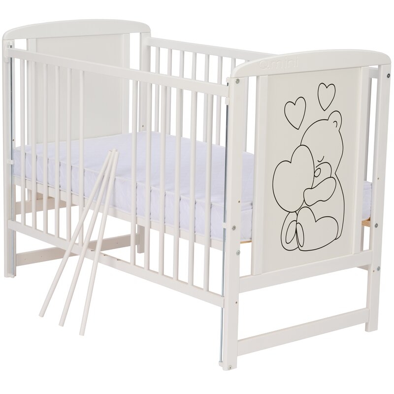Qmini- Patut din lemn Timmi Heart 120x60 cm, Cu laterala culisanta, Din lemn de pin, MDF, Somiera reglabila, Alb Qmini- Patut din lemn Timmi Heart 120x60 cm, Cu laterala culisanta, Din lemn de pin, MDF, Somiera reglabila, Alb