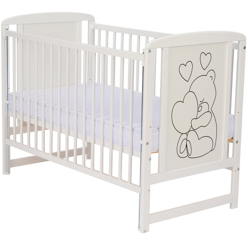 Qmini- Patut din lemn Timmi Heart 120x60 cm, Cu laterala culisanta, Din lemn de pin, MDF, Somiera reglabila, Alb Qmini- Patut din lemn Timmi Heart 120x60 cm, Cu laterala culisanta, Din lemn de pin, MDF, Somiera reglabila, Alb
