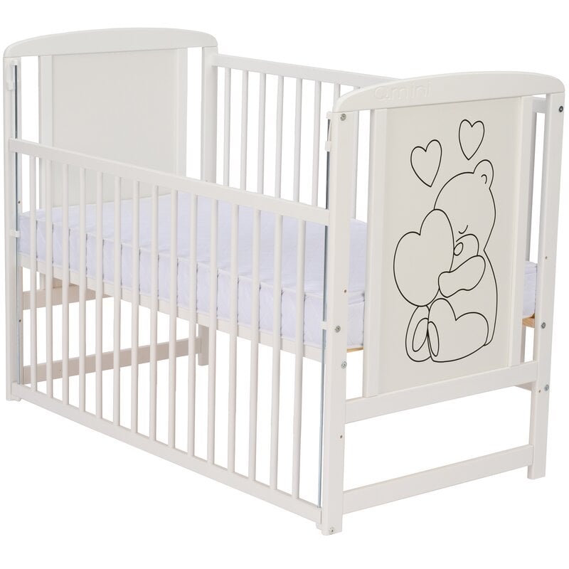Qmini- Patut din lemn Timmi Heart 120x60 cm, Cu laterala culisanta, Din lemn de pin, MDF, Somiera reglabila, Alb Qmini- Patut din lemn Timmi Heart 120x60 cm, Cu laterala culisanta, Din lemn de pin, MDF, Somiera reglabila, Alb