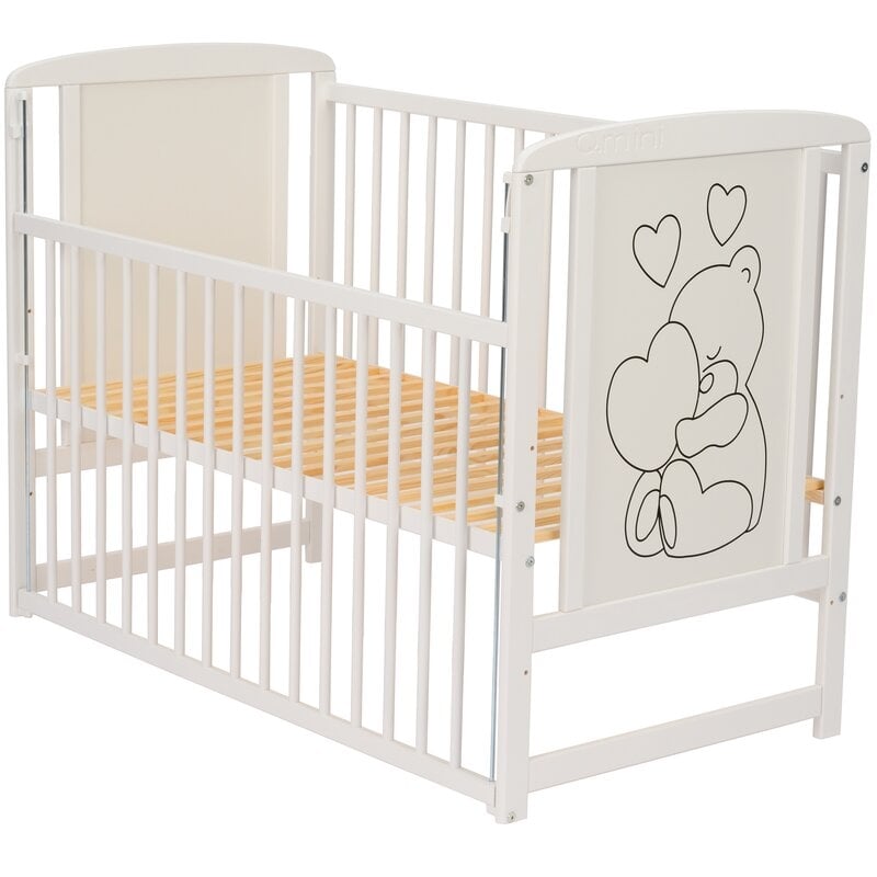 Qmini- Patut din lemn Timmi Heart 120x60 cm, Cu laterala culisanta, Din lemn de pin, MDF, Somiera reglabila, Alb Qmini- Patut din lemn Timmi Heart 120x60 cm, Cu laterala culisanta, Din lemn de pin, MDF, Somiera reglabila, Alb