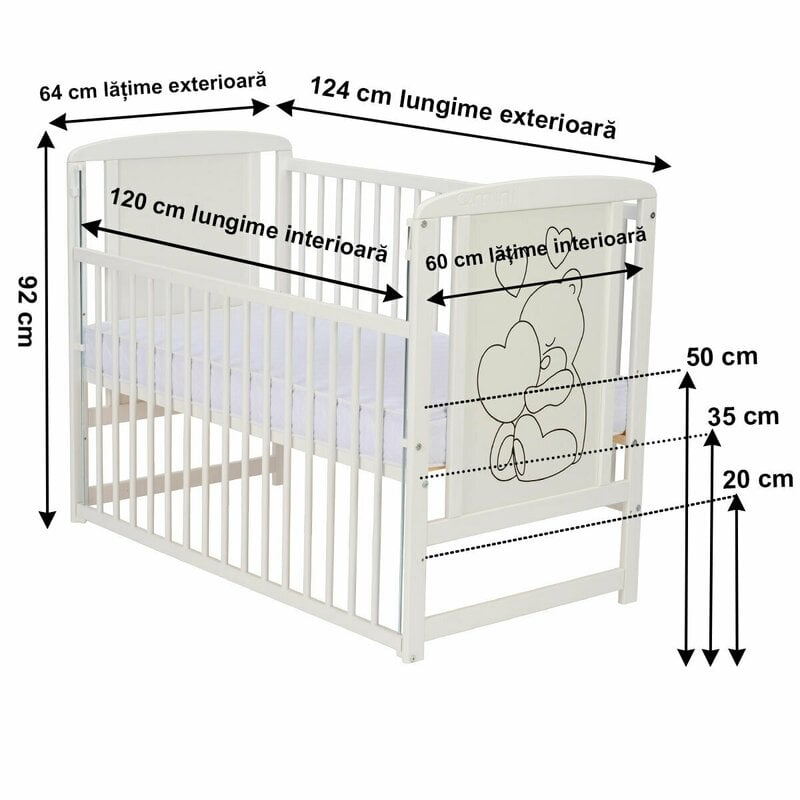 Qmini- Patut din lemn Timmi Heart 120x60 cm, Cu laterala culisanta, Din lemn de pin, MDF, Somiera reglabila, Alb Qmini- Patut din lemn Timmi Heart 120x60 cm, Cu laterala culisanta, Din lemn de pin, MDF, Somiera reglabila, Alb