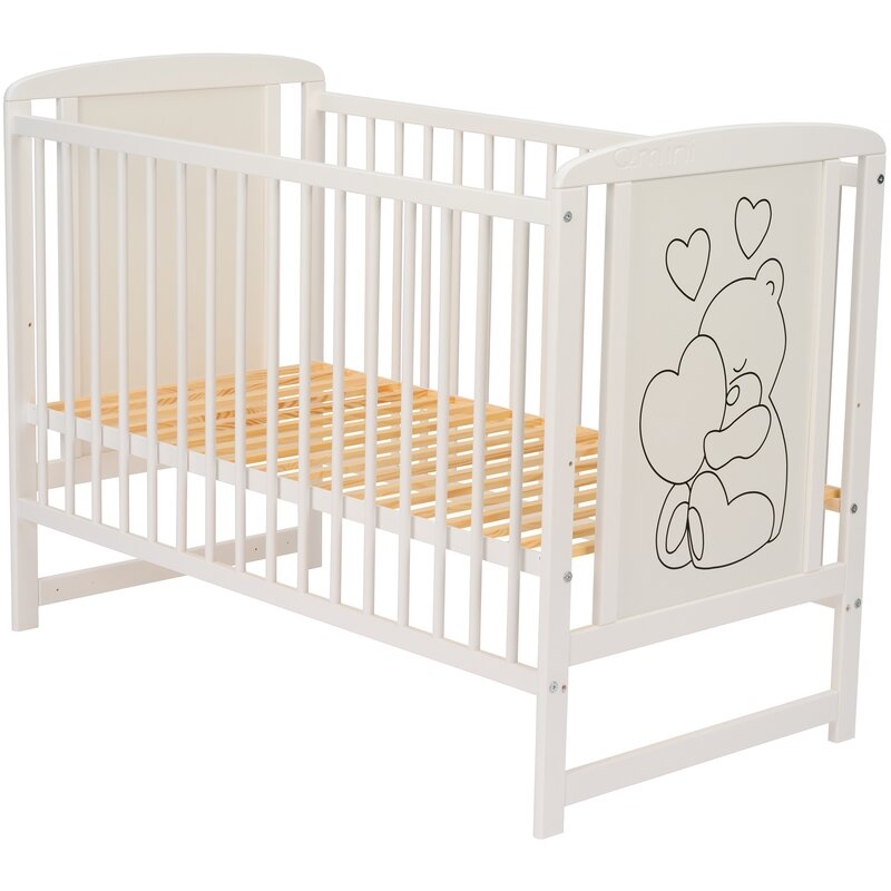 Qmini- Patut din lemn Timmi Heart 120x60 cm, Din lemn de pin, MDF, Somiera reglabila, Alb