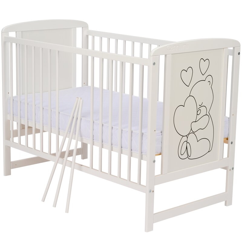 Qmini- Patut din lemn Timmi Heart 120x60 cm, Din lemn de pin, MDF, Somiera reglabila, Alb