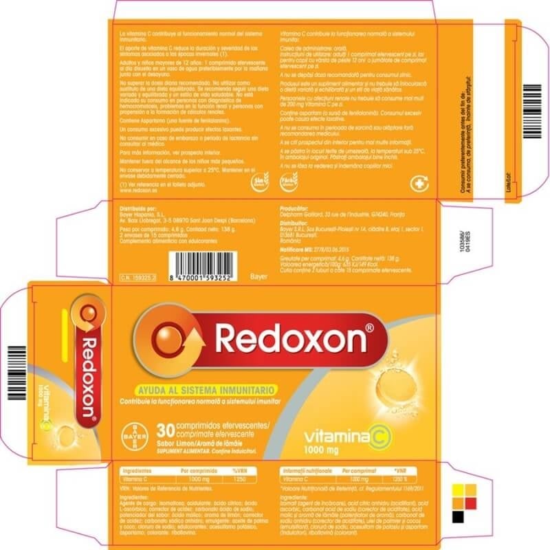 Redoxon vitamina C 1000 mg cu aroma de lamaie, 30 comprimate efervescente, Bayer Redoxon vitamina C 1000 mg cu aroma de lamaie, 30 comprimate efervescente, Bayer