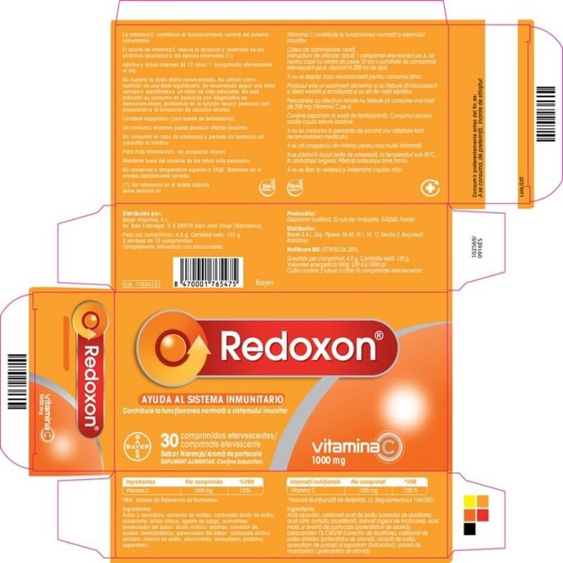 Redoxon vitamina C 1000 mg cu aroma de portocale, 30 comprimate efervescente, Bayer