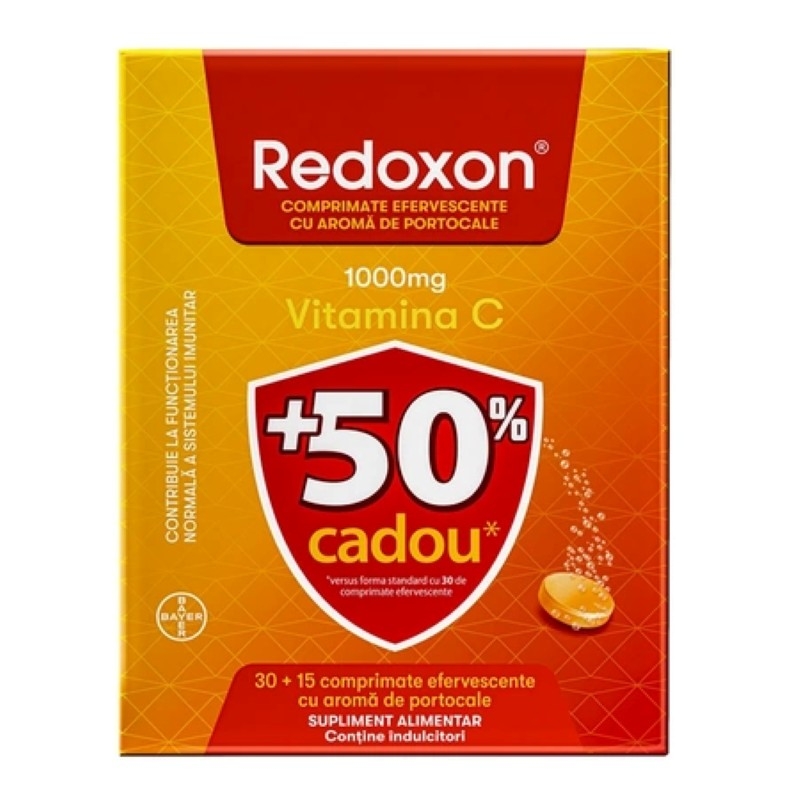 Redoxon vitamina C 1000 mg cu aroma de portocala, 30 + 15 comprimate efervescente, Bayer Redoxon vitamina C 1000 mg cu aroma de portocala, 30 + 15 comprimate efervescente, Bayer