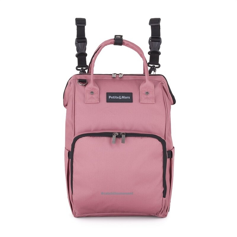 Rucsac pentru mamici, Petite&Mars, Jack, Cu 11 compartimente, Cu buzunare termice, Saltea de infasat inclusa, 30 x 42 x 15 cm, Dusty Rose