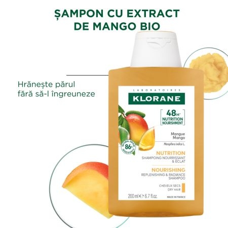 Sampon cu unt de mango Bio, 200 ml, Klorane