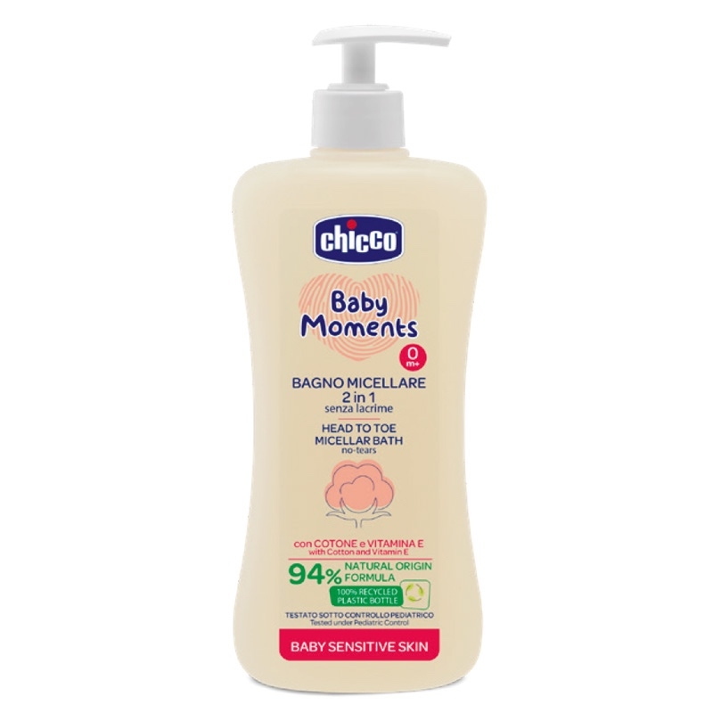 Sampon si gel de dus 2 in 1 micelar dermatologic Baby Moments Sensitive +0 luni, 500 ml, Chicco Sampon si gel de dus 2 in 1 micelar dermatologic Baby Moments Sensitive +0 luni, 500 ml, Chicco
