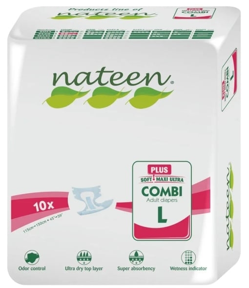 Scutece hipoalergenice pentru adulti marime L, absorbtie 2900 ml, Combi Plus 10 bucati, Nateen Scutece hipoalergenice pentru adulti marime L, absorbtie 2900 ml, Combi Plus 10 bucati, Nateen