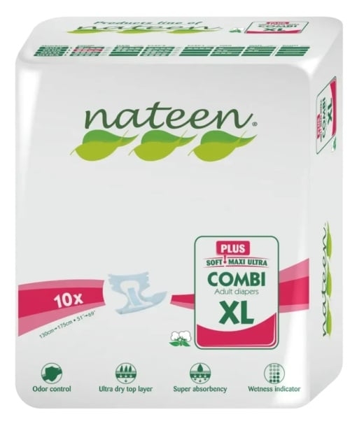 Scutece hipoalergenice pentru adulti marime XL, absorbtie 3400 ml, Combi Plus 10 bucati, Nateen Scutece hipoalergenice pentru adulti marime XL, absorbtie 3400 ml, Combi Plus 10 bucati, Nateen
