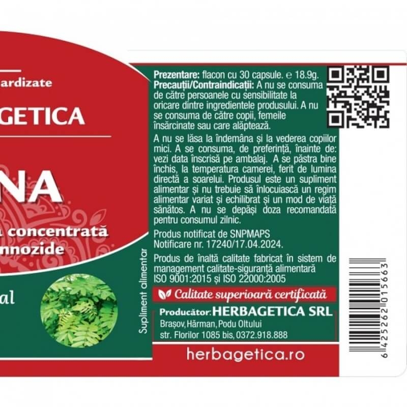 Senna 500 mg, 30 capsule, Herbagetica Senna 500 mg, 30 capsule, Herbagetica