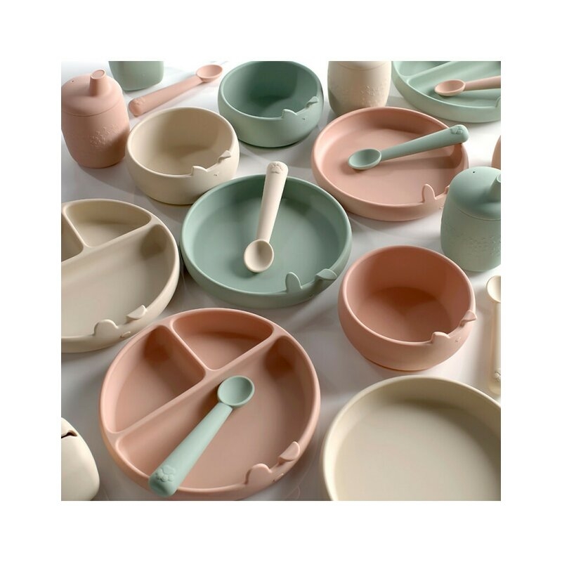 Set complet de masa, Jane, Din silicon, Cu 4 piese, Farfurie, Bol, Lingurita si pahar, BPA free, Sand