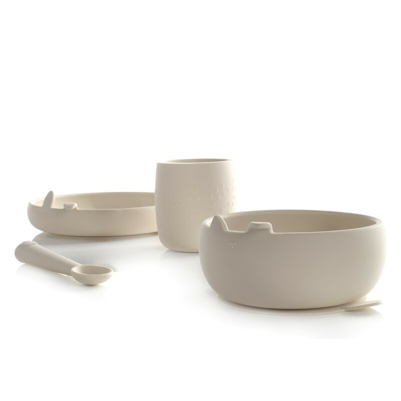 Set complet de masa, Jane, Din silicon, Cu 4 piese, Farfurie, Bol, Lingurita si pahar, BPA free, Sand