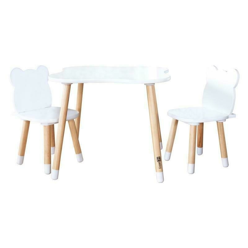 Set masuta si doua scaune pentru copii, Bear, Din lemn, Cu marginile rotunjite, FreeON, Alb Set masuta si doua scaune pentru copii, Bear, Din lemn, Cu marginile rotunjite, FreeON, Alb