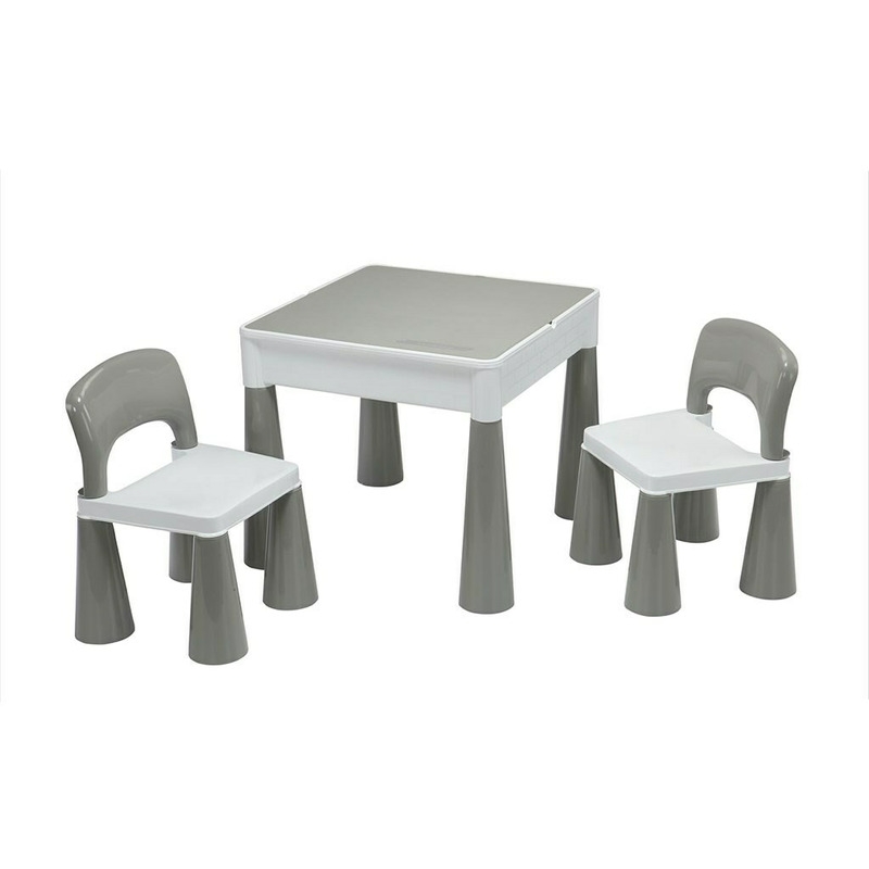 Set masuta si doua scaune pentru copii, Grey and White, Cu parte detasabila si reversibila, Partea reversibila pentru Lego Duplo, New Baby