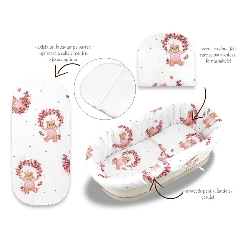 Set pentru landou/cosulet, MimiNu, Cu protectie, saltea si pernuta, Din bumbac certificat Oeko Tex Standard 100, Design, Betty Set pentru landou/cosulet, MimiNu, Cu protectie, saltea si pernuta, Din bumbac certificat Oeko Tex Standard 100, Design, Betty