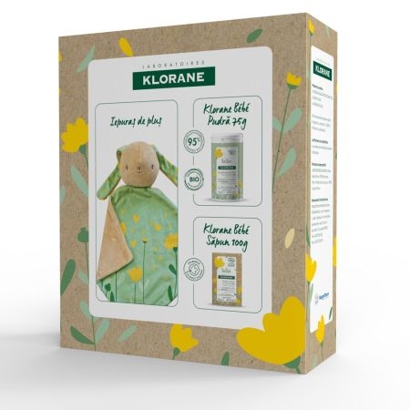 Set Pudra protectoare bebelusi, 75 g + Sapun solid Bio, 100 g + Iepuras de plus, Klorane Bebe