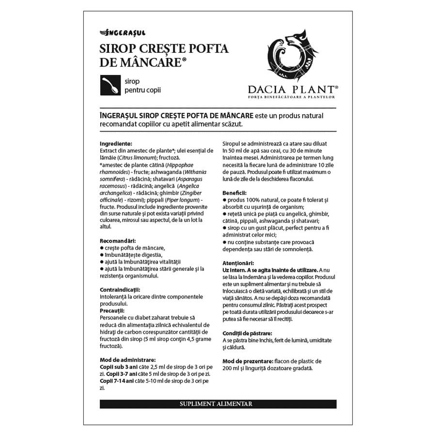 Sirop creste pofta de mancare Ingerasul, 200 ml, Dacia Plant