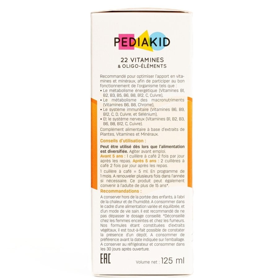 Sirop cu gust de portocale si caise 22 de vitamine si oligoelemente, 125 ml, Pediakid