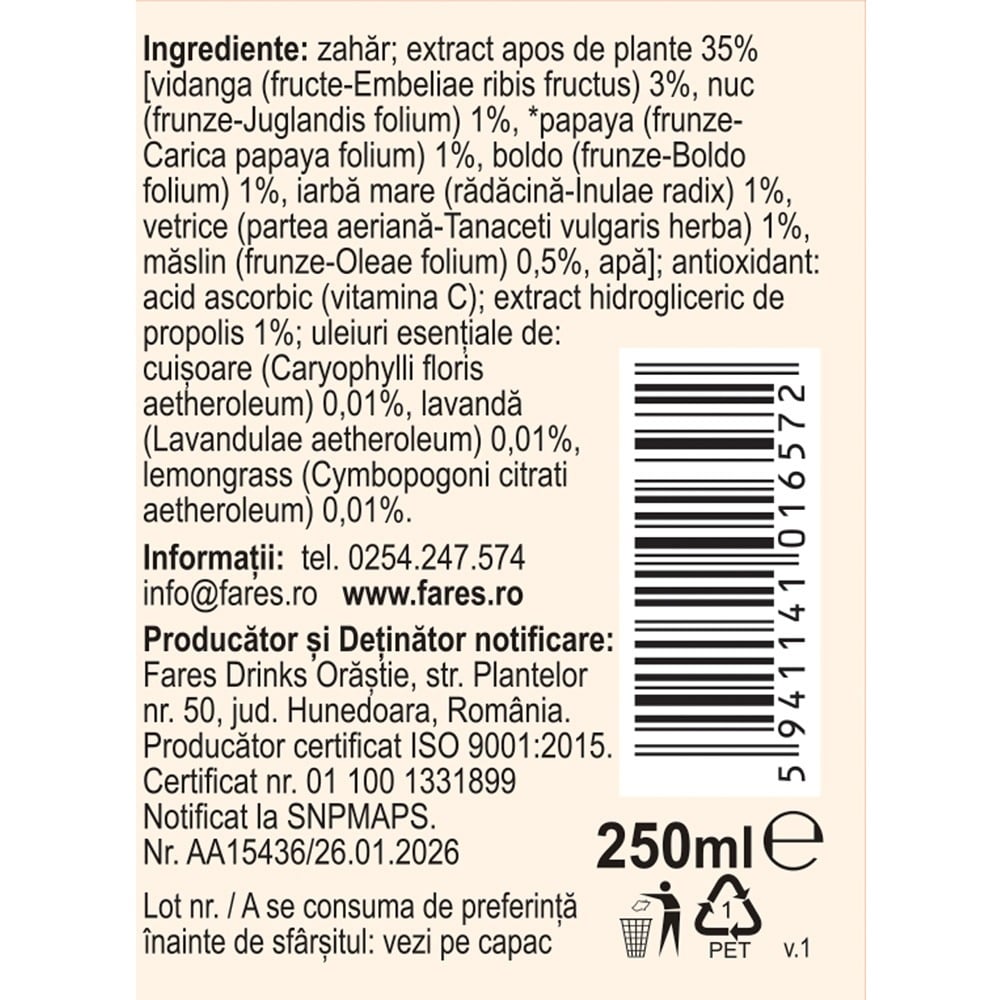 Sirop din plante medicinale Vermicin D73, 250 ml, Fares