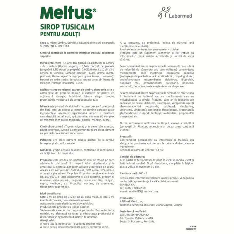 Sirop Tusicalm pentru adulti Meltus, 100 ml, Labormed Sirop Tusicalm pentru adulti Meltus, 100 ml, Labormed