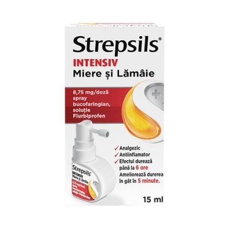 Strepsils Intensiv spray cu miere si lamaie 8,75mg/ doza, 15 ml, Reckitt Benckiser Strepsils Intensiv spray cu miere si lamaie 8,75mg/ doza, 15 ml, Reckitt Benckiser
