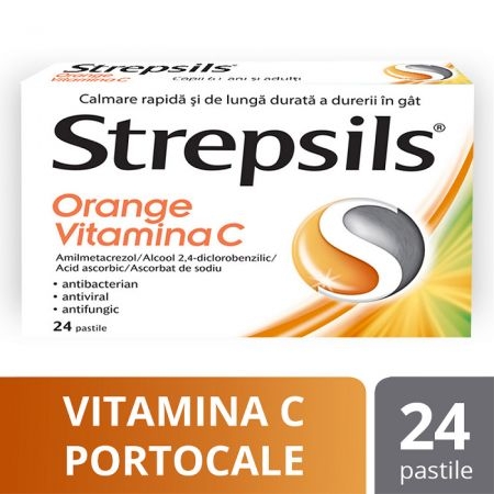 Strepsils Orange Vitamina C, 24 pastile, Reckitt Benckiser Strepsils Orange Vitamina C, 24 pastile, Reckitt Benckiser
